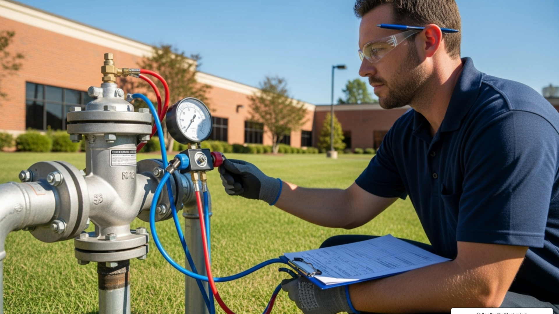 Certified technician performing backflow testing on a residential property near Rochester MN