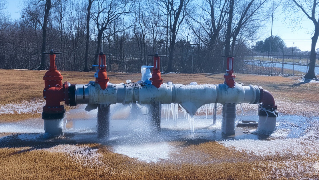 Frozen backflow preventer device covered in ice showing freeze damage that proper winterization prevents in Minnesota